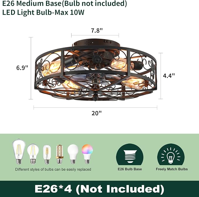 20'' Caged Ceiling Fan with Lights and Remote Control,Small Farmhouse Bladeless Low Profile Ceiling Fans Lights,Industrial Flush Mount Low Profile,Reversible Motor 6 Speeds for Bedroom,Living Room