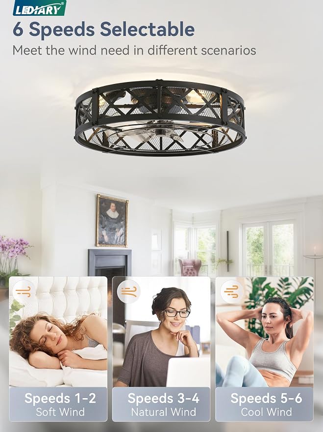 LEDIARY 23" Caged Ceiling Fan with Light, APP&Remote Control, Large Flush Mount Modern Fan Lights, Low Profile Rustic Bladeless Ceiling Fan Fixtures for Bedroom, Kitchen-Black Color