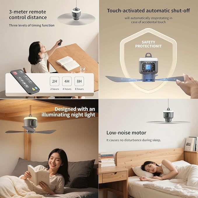 18" Portable Ceiling Fan with Light, 12000mAh Rechargeable Battery Operated Hanging Fan, 4 Speed 8H Timer, 16H Max Runtime, for Patio Canopy Tent Porch RV Garage