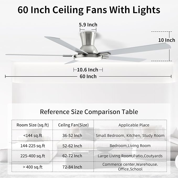 60 Inch Brushed Nickel Ceiling Fans with Lights and Remote, Flush Mount Low Profile 5 Blades Ceiling Fan with 10 Inch Lighting Fixture, Quiet Reversible DC Motor for Living Room, Bedroom and Patio