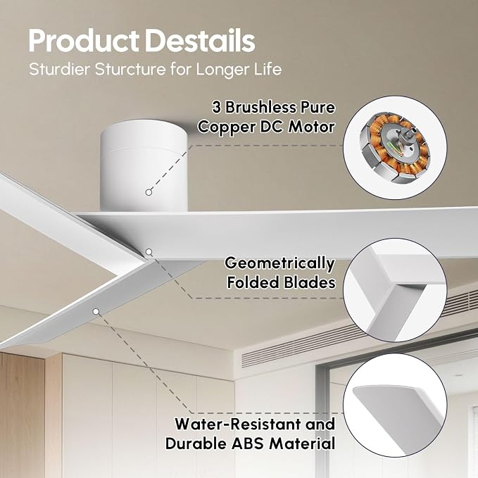 Modern Flush Mount Ceiling Fan No Light, 55" Matte White Low Profile Ceiling Fan Without Light, 3 ABS Blades, 6 Speed, Reversible DC Motor, Cool Hugger Fan for Kitchen, Bedroom, Living Room