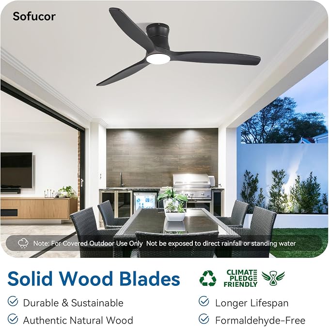 Sofucor 52" Smart Ceiling Fan, Solid Wood Ceiling Fan with Lights and Remote, Flush Mount Ceiling Fan Works with Alexa/Google/App, Dimmable 6-Speed Timing Reversible DC Motor for Bedroom Living Room