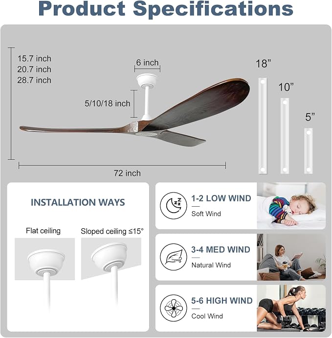 72'' Outdoor Ceiling Fans without Light,3 Solid Wood Blades with DC Silent and Large Airflow,Modern Ceiling Fan for Bedroom,Living Room,Porch (White+Dark walnut)