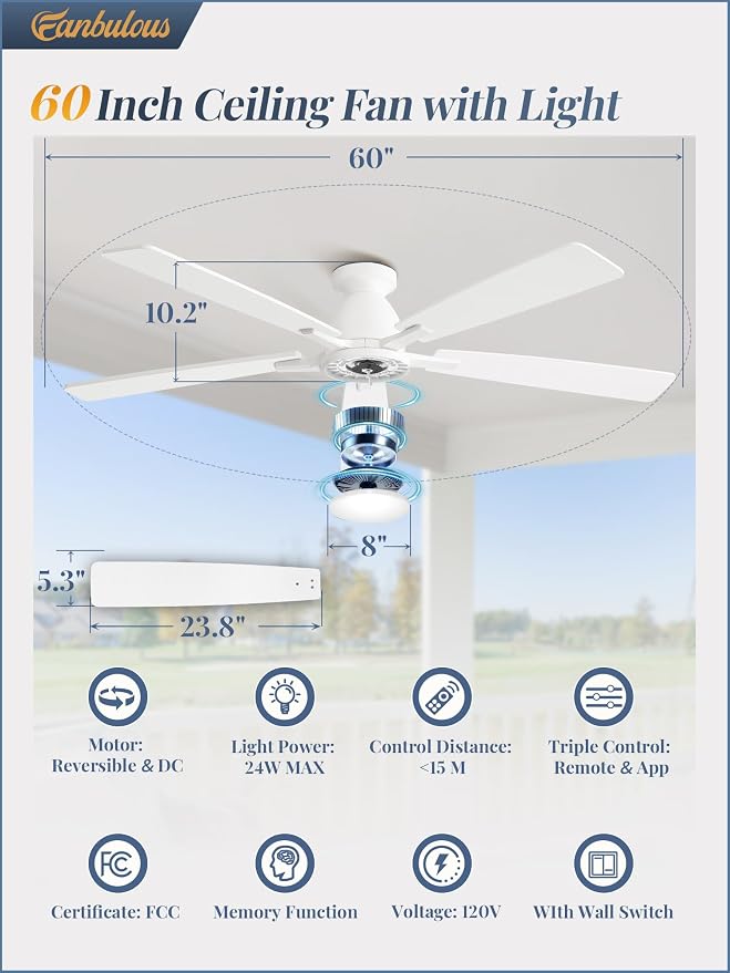 Fanbulous 60 inch Ceiling Fans with Lights, Smart Flush Mount Ceiling Fan and Remote APP, Modern Low Profile, 3CCT 20W LED with 6-Speeds Quiet Reversible Motor for Bedroom, Living Room, Kitchen, White