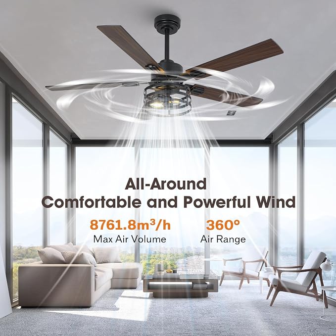 52" Farmhouse Ceiling Fan with Light and Remote, Ceilings Fan Dual Finish 5 Blades 6-Speed Quiet and Reversible DC Motor, Rustic Ceiling Fans with Light for Bedroom Living Room and Kitchen