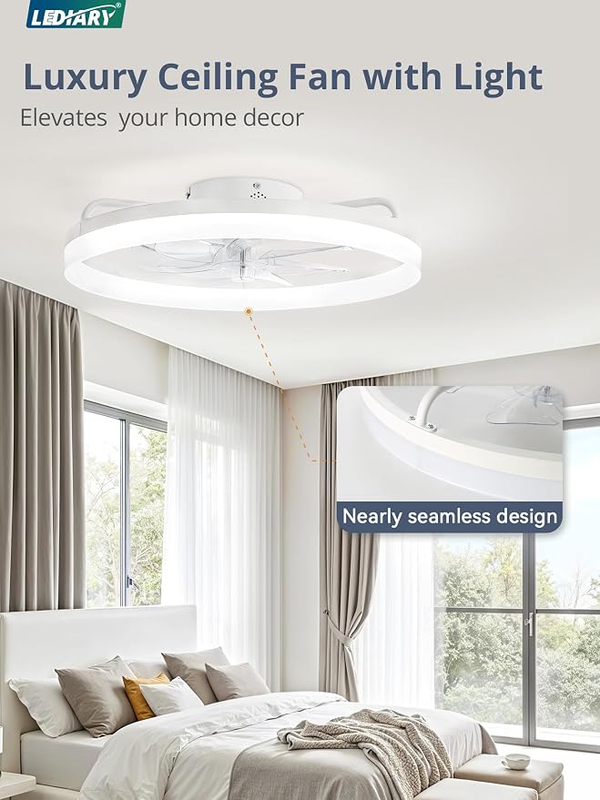 LEDIARY Ceiling Fans with Lights, 20 inch Low Profile Flush Mount Ceiling Fan, Dimmable LED, APP & Remote Control, Quiet Reversible DC Motor, 6 Speeds, Fandelier for Bedroom, White