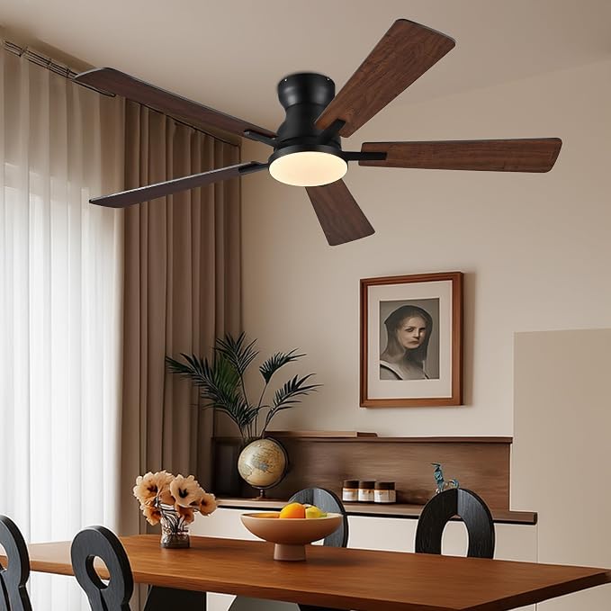 Ayaoty Ceiling Fans with Lights,52 Inch Low Profile Ceiling Fan with Light-Flush Mount Dimmable, Quiet DC Motor for Outdoor Patio,Garage,Bedroom Brown