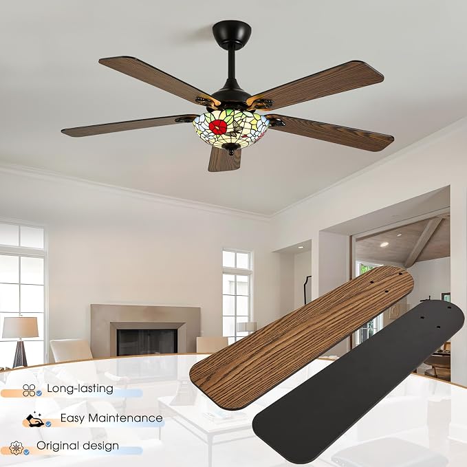 52" Tiffany Style Ceiling Fans with Lights, Vintage Chandelier Ceiling Fan with Stained Glass Shade, Dimmable LED, 6 Speeds Reversible for Bedroom (Butterfly Garden)