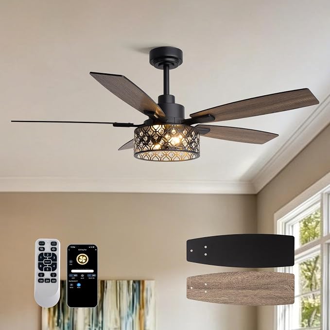52 Inch Farmhouse Ceiling Fan with Lights and Remote, 5 Blades Double-color Finish, Quiet & Reversible DC Motor, Crystal Caged Ceiling Fan for Bedroom Living Room Kitchen Outdoor Covered Patio