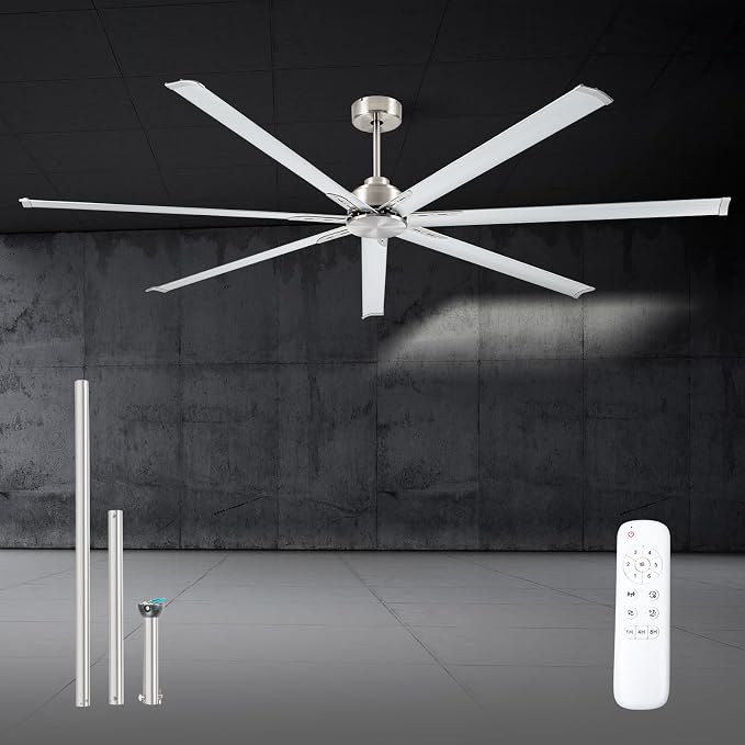 Minislak 96 Inch HVLS Aluminum 7 Blades Industrial & Commercial Ceiling Fan no Light,8ft High CFM DC Motor,6-Speed,Indoor Outdoor Brused Nickel Ceiling Fan for Patio,Garage,Shop,Library
