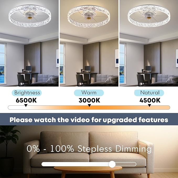 FSZDORJ 20'' Ceiling Fan with Light and Remote, Low Profile Ceiling Fan with Light, Dimmable Flush Mount Ceiling Fan Light, 6 Speeds Fan, App&Remote Control, Fandelier Quiet Fan for Bedroom F098 White