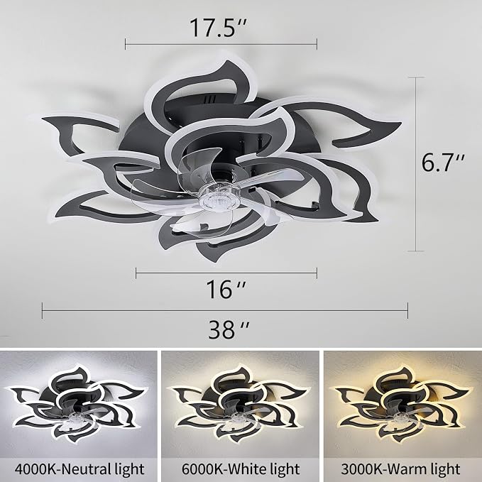 38" Black Geometric Ceiling Fan with Lights, 6 Speeds Flower Low Profile Flush Mount Ceiling Fan for Living Room
