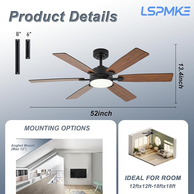 Ceiling Fans with Lights, 52" Ceiling Fan with Light and Remote Control, Reversible DC Motor, 3CCT, Dimmable, Timer, Noiseless, Brown Ceiling Fan for Bedroom Living Room, Indoor/Outdoor Use