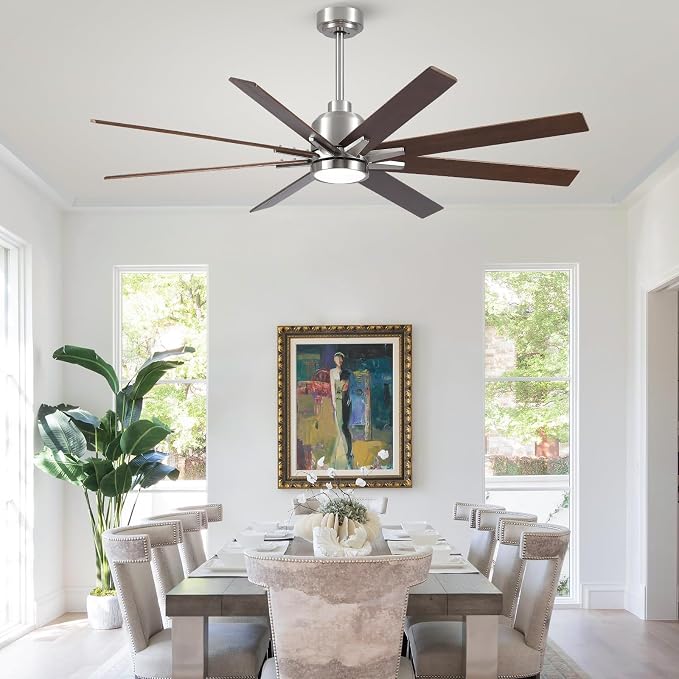Rayqueen 62 Inch Brushed Nickel Ceiling Fans with Lights and Remote,Downrod | Walnut Blades,6 Speed Reversible DC motor,3-color temperature dimmable LED.For indoor/covered outdoor.5.9/11.8 inch downrod