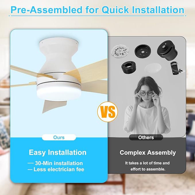 Depuley Modern Ceiling Fan with Light: 42-Inch White Small Fans for Bedroom Indoor Outdoor - Dimmable Low Profile Ceiling Fans with Remote Control Flush Mount 5 Reversible Wood Blades 6 Speeds Timer