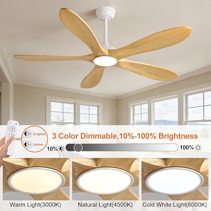 52 Inch White Ceiling Fans with Lights and Remote Control, 5 Blade Natural Wood Ceiling Fan with Light, Modern Indoor Outdoor Ceiling Fan for Patio, Bedroom, Dimmable, Reversible DC Motor