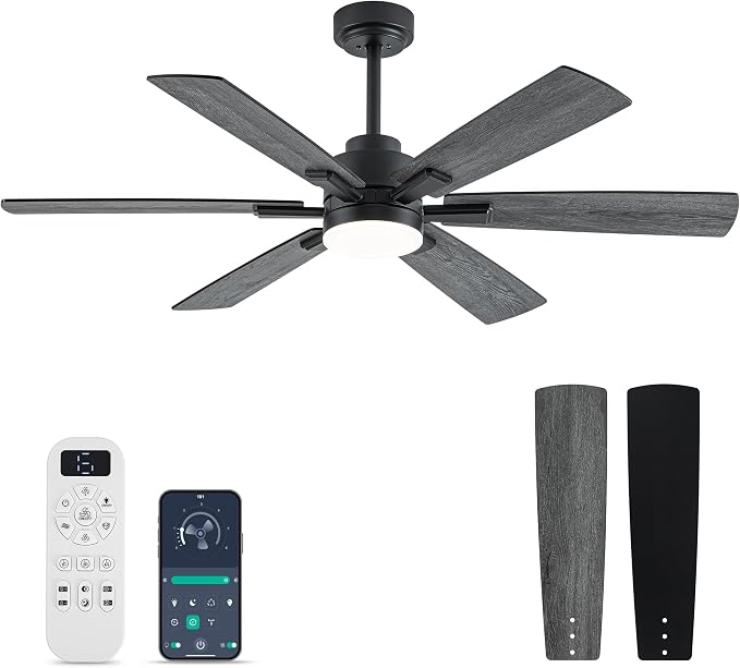 OURSTAR Ceiling Fans with Lights and Remote Control, Black Ceiling Fan with Light 3-Color LED Dimmable, Memory for Lighting and Fan Reversible, 6-Speed, Timer, Indoor/Outdoor Use, 52 Inch