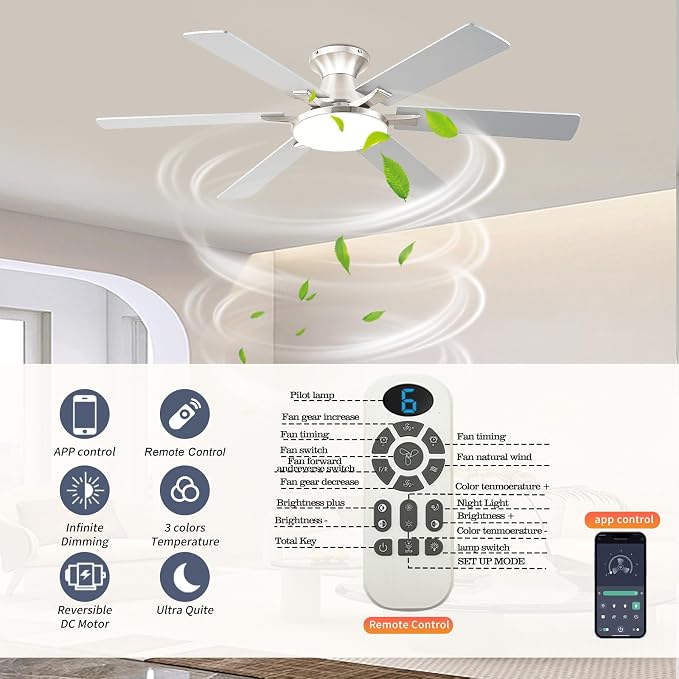 Ceiling Fans with Lights,54 Inch Low Profile Ceiling Fan with Light and Remote Control,6 Speeds/6 Blade,Flush Mount,LED Dimmable DC Reversible Modern, Nickel Ceiling Fan for Bedroom/Living Room