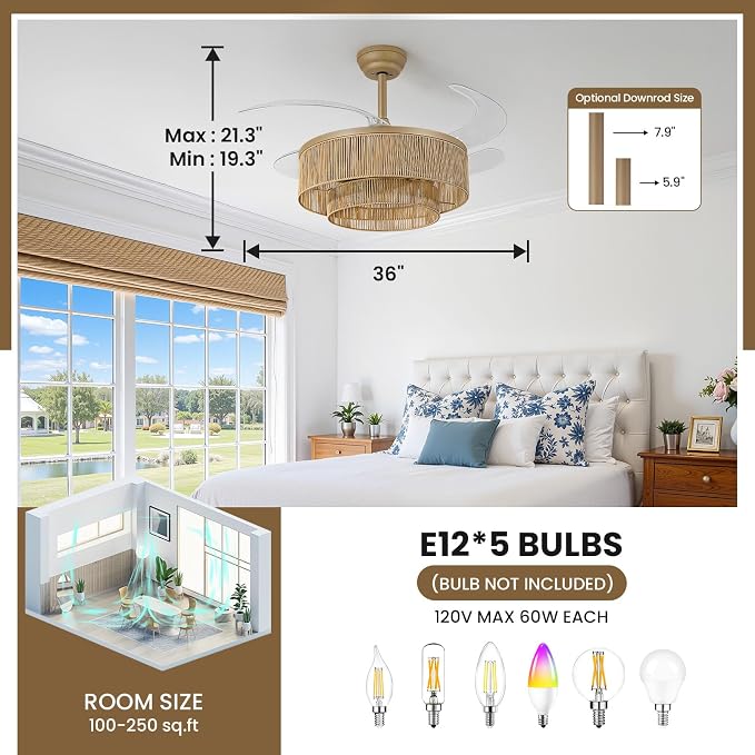 RUIYEY Retractable Ceiling Fans with Lights: 20 inch Low Profile Ceiling Fans with Remote Control, 4 Blades 6 Speeds DC Reversible LED Flush Mount Rattan Ceiling Light Fixtures for Bedroom Kitchen