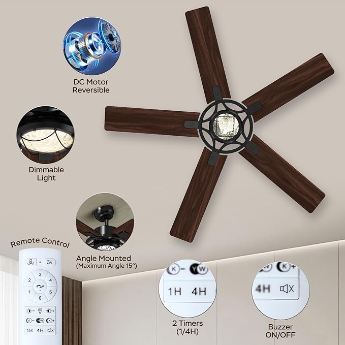 TALOYA 52 Inch Ceiling Fans with Lights and Remote Flush Mount Low Profile for Living Room Farmhouse Bedroom Patio Outdoor Dining Room,DC Motor,Reversible,Buzzer Mute,Dimmable Led Light,Rustic,Black