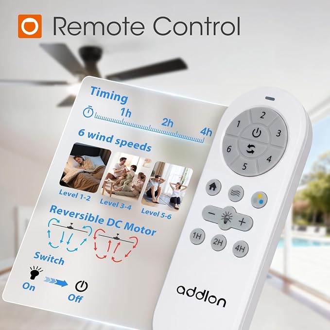 addlon Ceiling Fans with Lights, 52 inch Flush Mount Ceiling fan with Remote Control, Wall Remote, Reversible, 3CCT, Dimmable, Noiseless DC Motor, Black Low Profile Ceiling Fan for Bedroom, Farmhouse