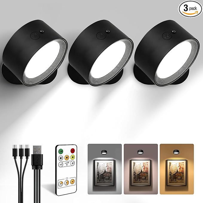 LED Wall Mounted Lights, Rechargeable Wall Sconces, 3 Color Temps, Remote & Touch, 360° Rotating and Dimmable for Bedroom, Bedside & Reading (Black, 3 Pack)