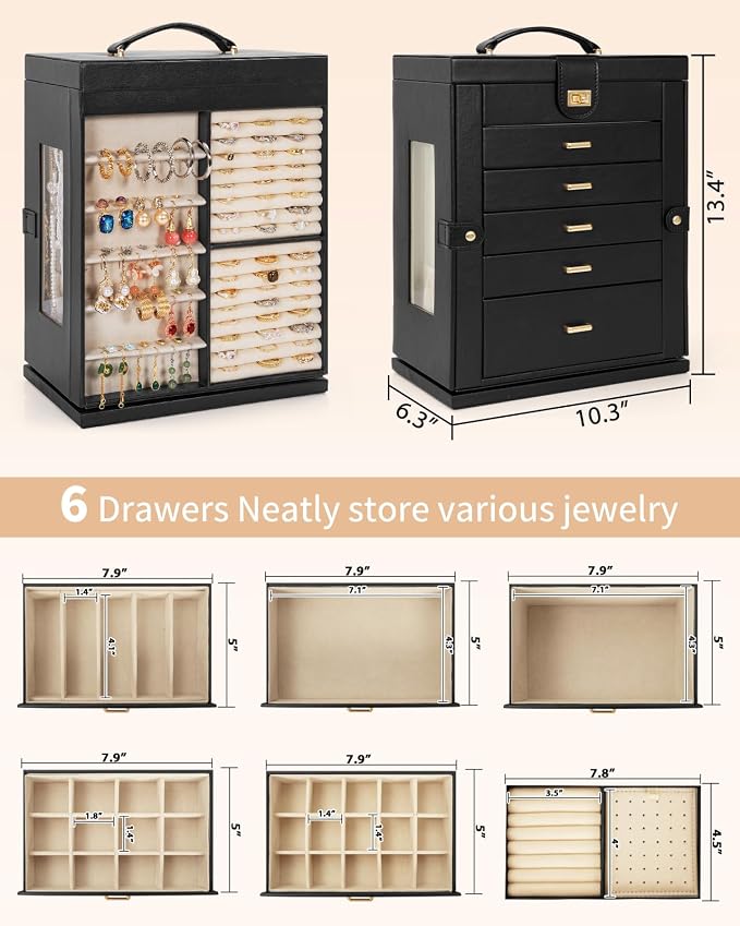AKOZLIN 6-Tier Jewelry Box Organizer Functional 5 Drawers Leather Jewelry Storage Case for Women Girls Ring Necklace Earring Bracelet Holder Organizer with Mirror XL Black 360° Rotating