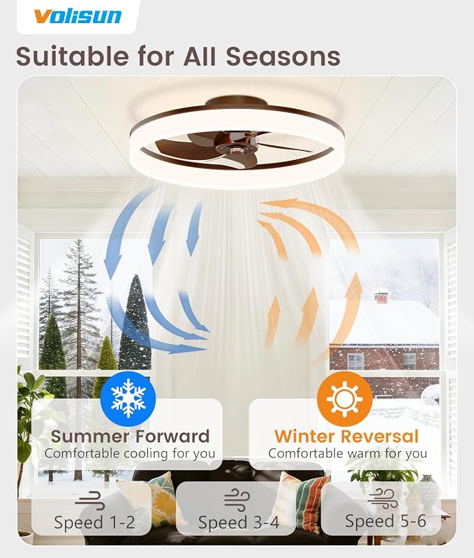 VOLISUN Low Profile Ceiling Fans with Lights and Remote, 20in Fandelier Ceiling Fan Flush Mount, 3000K-6500K Smart Bladeless LED Fan Light, Farmhouse Ceiling Fans with Lights for Bedroom(Wood)