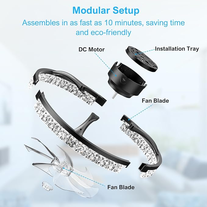Crystal Ceiling Fans with Lights and Remote, 20'' Low Profile Ceiling Fan, 1-6 Wind Speeds, 3000-6500K Dimmable Flush Mount LED Fan Light, Modern Fandelier Ceiling Fans for Bedroom