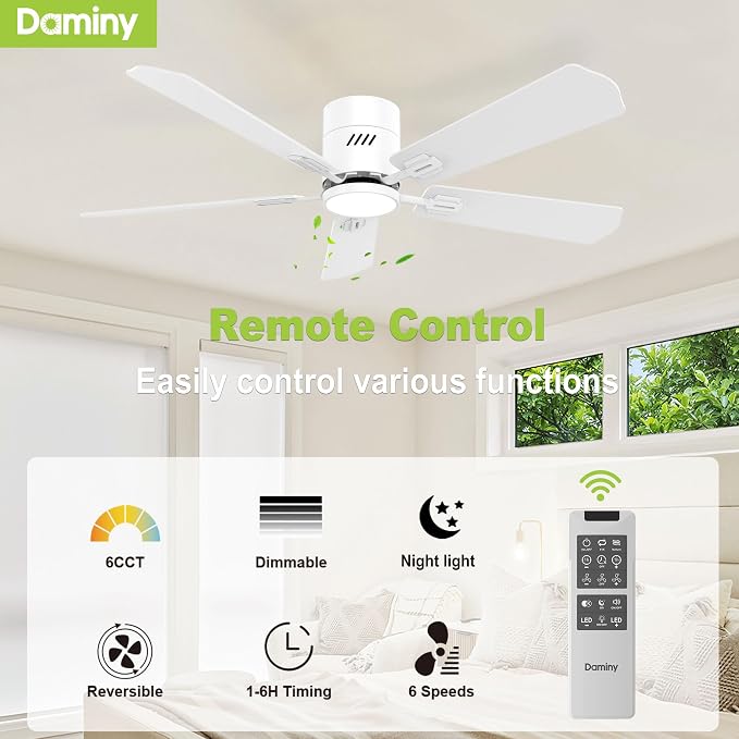 DAMINY 52 inch 5 Blades White Ceiling Fans with Lights,Flush Mount,6CCT, Low Profile Ceiling Fan with Light and Remote Control,DC Motor,Ceiling Fan for Bedroom, Kitchen,Living Room,Indoor/Outdoor Use