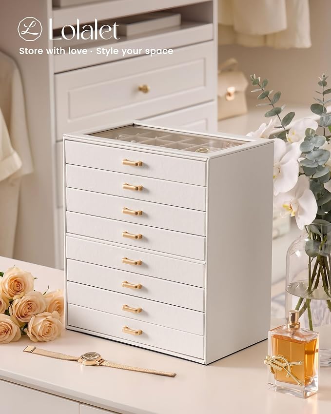 Lolalet Earring Organizer, Jewelry Box with Clear Lid -Beige, 8 Layer | PU Leather, Velvet, Removable Dividers, Dustproof, Easy Clean, For Studs Rings, Gift for Women Girls, Home Aesthetic Decor