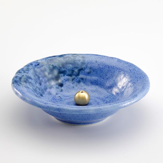 Asayu Japanese Small Incense Holder for Sticks 4.88 inch (124mm), Traditional Made in Japan Ceramic Ash Catcher and Brass Incense Burner Set - Blue