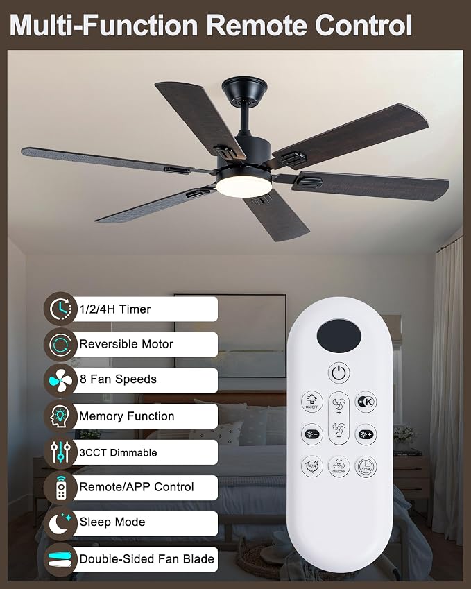 Coolwind 56 Inch Brown Ceiling Fan, Display Remote&APP Control, 6 Blade Modern Silent Ceiling Fan with 8 Speeds, Dimmable, Timer, DC Reversible Motor, Double Sided Blade for Bedroom, Living Room