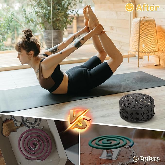 Portable Mosquito Coil Holder, Iron Mosquito Incense Holder with Handle for Home, Office, Camping with Cat Paw Cutout Design (Black)