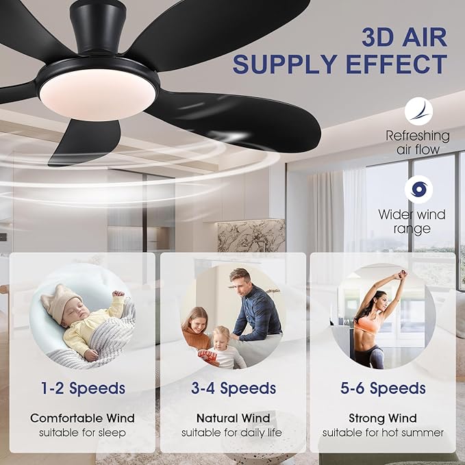 PHORUS 48"Black Low Profile Flush Mount Ceiling Fans with Lights and Remote | Supports Remote and APP, 6 Wind Speeds, Reversible, Dimmable 3 CCT LED, 30WNoiseless DC Motor,Timer, for Bedroom Kitchen