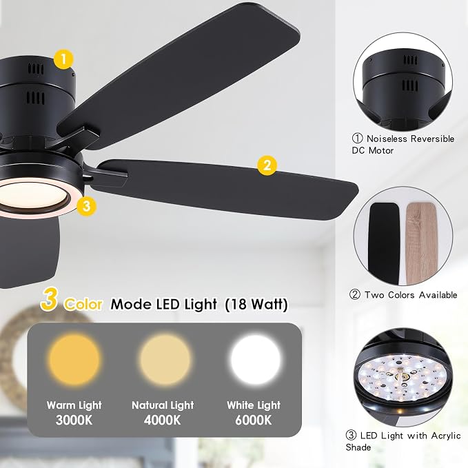52 Inch Modern Ceiling Fans with Lights Flush Mount Indoor, Black | Low Profile, Dimmable LED, Reversible, Quiet DC Motor, Wooden Blades, for Modern Apartment Bedroom Home Office Living Room