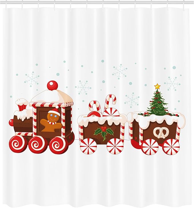 Ambesonne Christmas Shower Curtain, Train with Gingerbread Cream Candy Cartoon Toys Snowflakes Presents, Cloth Fabric Bathroom Decor Set with Hooks, 69" W x 70" L, Red Brown
