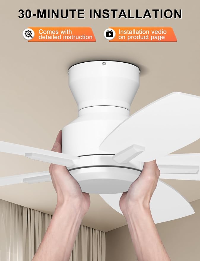 Ohniyou 42 Inch Ceiling Fan No Light, Low Profile Ceiling Fan with Remote and App Control, Flush Mount Ceiling Fan without Light for Bedroom Kitchen Covered Patios, Quiet DC Motor, White