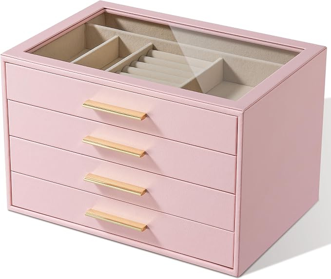 pickpiff Jewelry Box Organizer Case for Women: 4-Layer Jewelry Storage Case with Glass Window, Pink Leather with Velvet Holder for Ring Necklace Bracelet Brooch Watch, Great Gift for Her