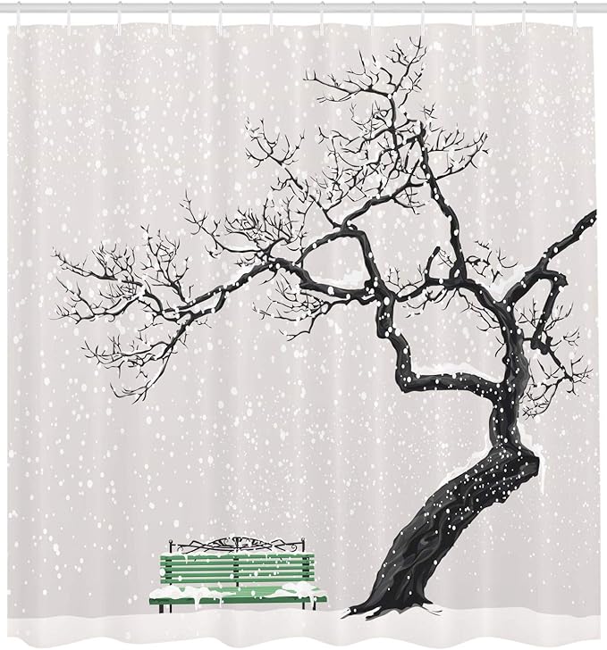 Ambesonne Tree Shower Curtain, Dramatic Winter Scenery with Retro Bench and Lonely Tree in a Cold Day, Cloth Fabric Bathroom Decor Set with Hooks, 69" W x 70" L, Charcoal Green