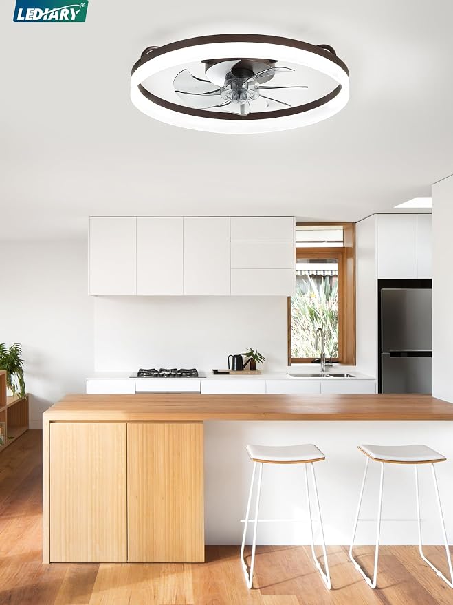 LEDIARY Ceiling Fans with Lights, 20 inch Low Profile Flush Mount Ceiling Fan, Dimmable LED, APP & Remote Control, Quiet Reversible DC Motor, 6 Speeds, Fandelier for Bedroom, Brown