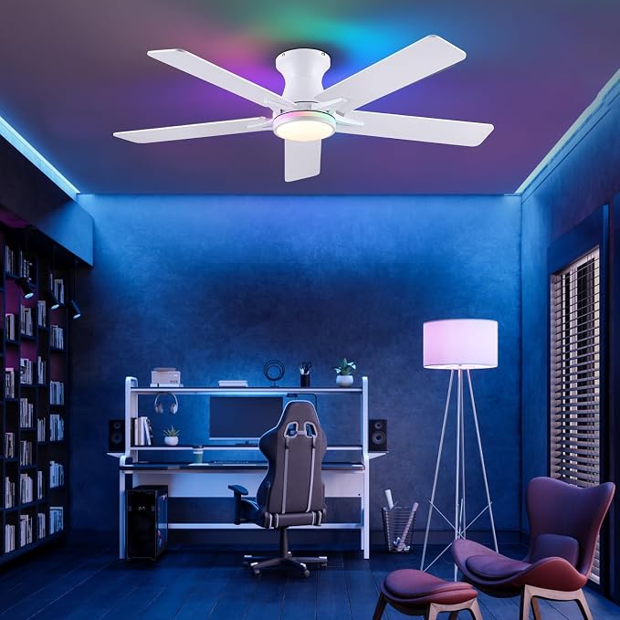 52"White Modern Low Profile RGB Ceiling Fans with Lights and Remote/APP | 14 RGB Modes,Supports Remote and APP,6 Wind Speeds, Reversible, Dimmable 3 CCT LED, 30W DC Motor,Suits for Bedroom Kidsroom