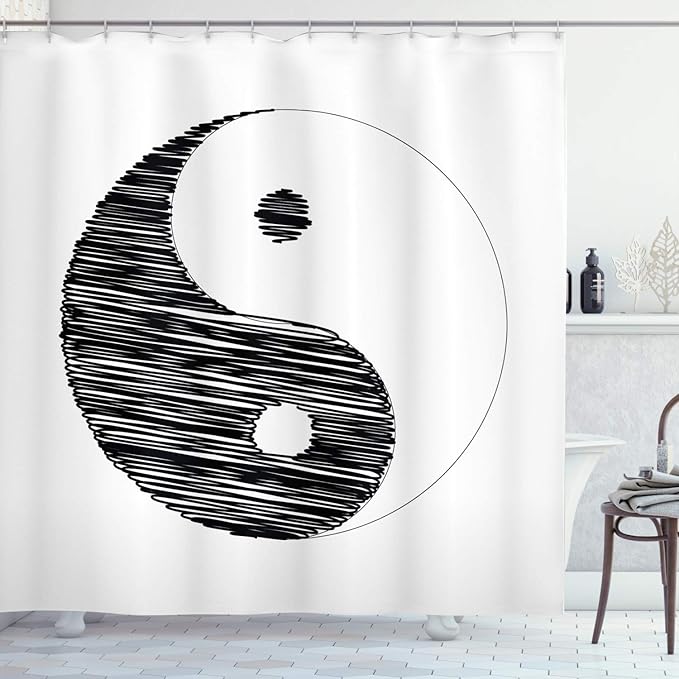 Ambesonne Ying Yang Shower Curtain, Sketch Style Yin Yang Pattern Active and Passive Power of Cosmos Theme, Cloth Fabric Bathroom Decor Set with Hooks, 69" W x 84" L, White Black