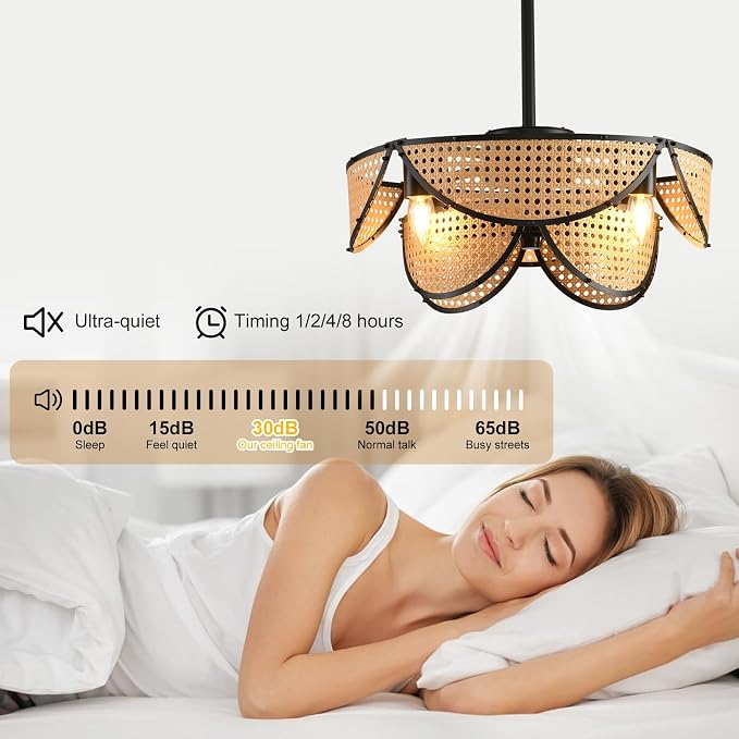 Ganeed 20" Boho Caged Ceiling Fan with Light and Remote, Layered Rattan Enclosed Flush Mount Boho Ceiling Fans Lights, Low Profile 6 Speed Reversible Fandelier for Bedroom Kitchen Living Room Nursery
