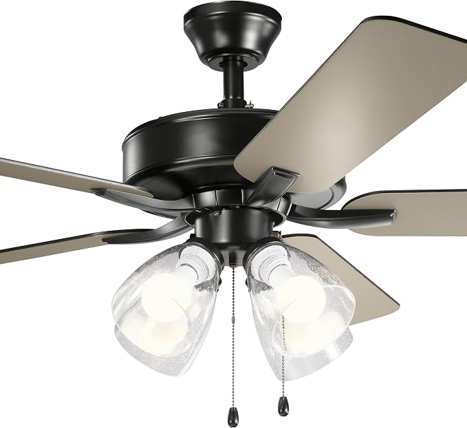 Kichler Basics Pro Premier 52 in Ceiling Fan with Light, Reversible Blade Indoor Fan with 4200 CFM High Airflow in Satin Black, LED Bulbs Included for Bedroom or Kitchen, 330016SBKS