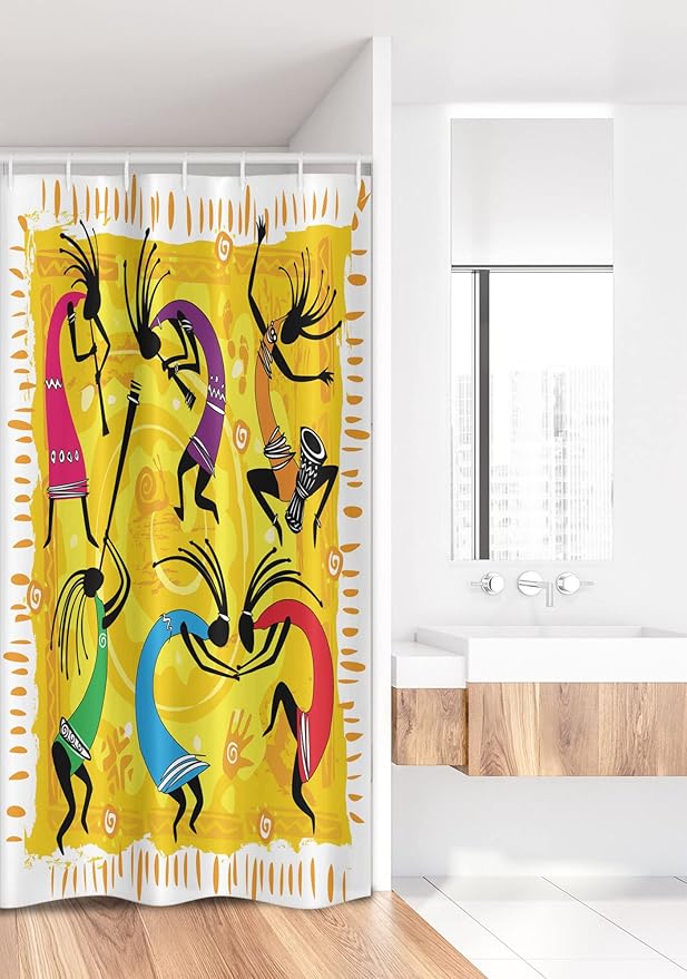 Ambesonne Ethnic Stall Shower Curtain, Dancing and Playing Ethno Music Instruments on Tribal Pattern Artwork, Fabric Bathroom Decor Set with Hooks, 36" W x 72" L, Purple Yellow and Black