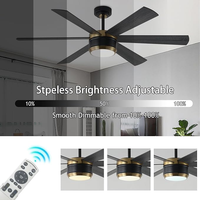 SHOWDI Ceiling Fans with Lights and Remote, Black-Gold, 56 in | 2 Blade Color, Metal Material, App Remote Control, Timer, Reversible, 3CCT, Dimmable for Bedroom, Living room, Indoor