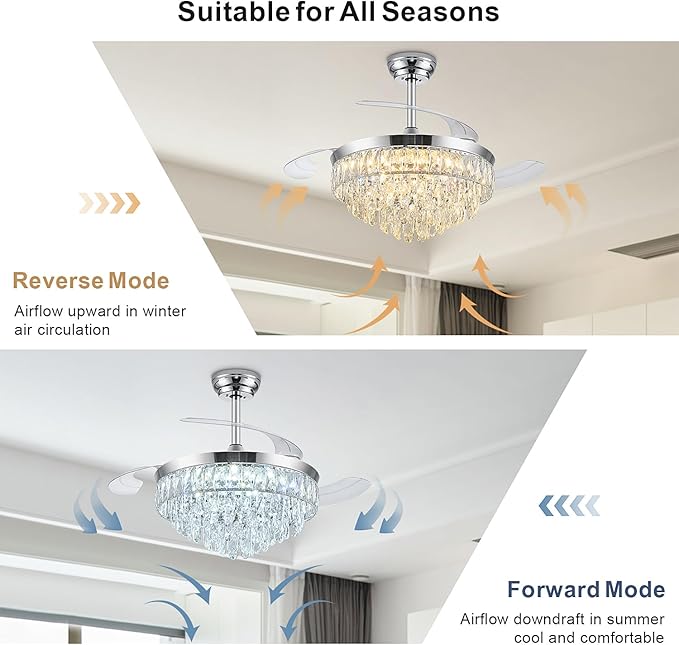 42'' Chandelier Ceiling Fan with Lights, Retractable Fan with Remote and APP, Crystal Fandelier Ceiling Fan, Dimmable LED, Reversible Motor, Quiet for Bedroom Living Room-Chrome