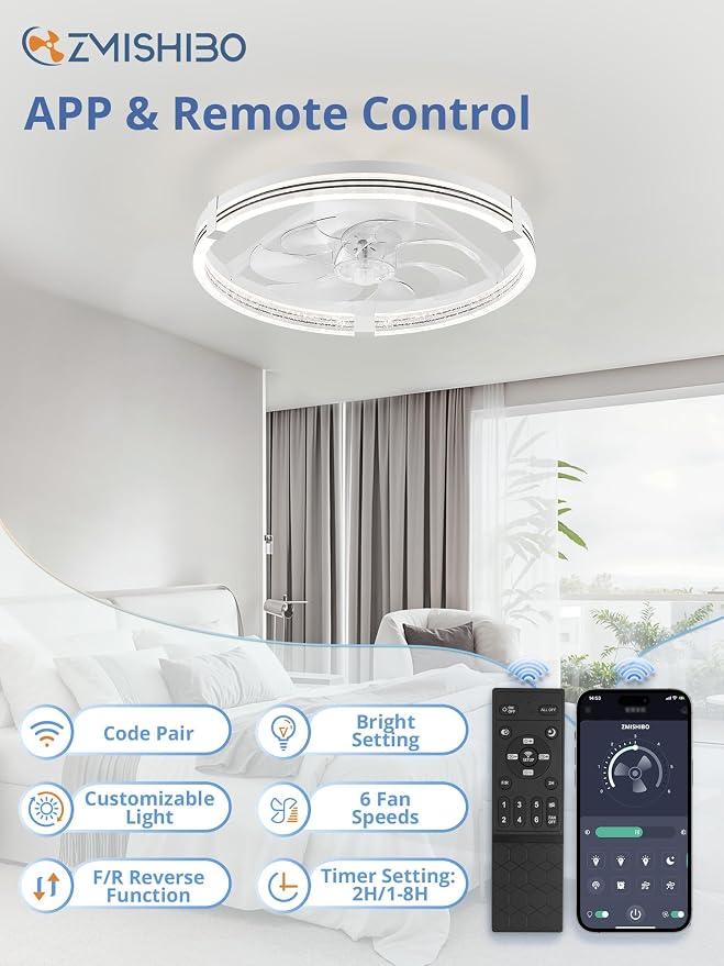ZMISHIBO Ceiling Fan with Light and remote, 20'' Low Profile Ceiling Fans | Flush Mount Modern Ceiling Fan and Remote Control, 3000K-7000K Dimmable, Modern Fandelier for Bedroom, Living Room