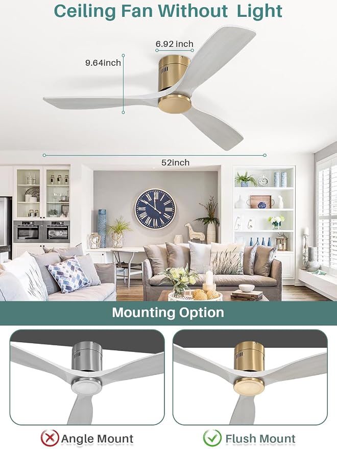 Sofucor 52 Inch Smart Ceiling Fan Without Lights Flush Mount Solid Wood Ceiling Fan with Alexa/Google Assistant/APP/Remote Control-Modern Outdoor Ceiling Fans No Light for Bedroom/Patio, Grey Gold